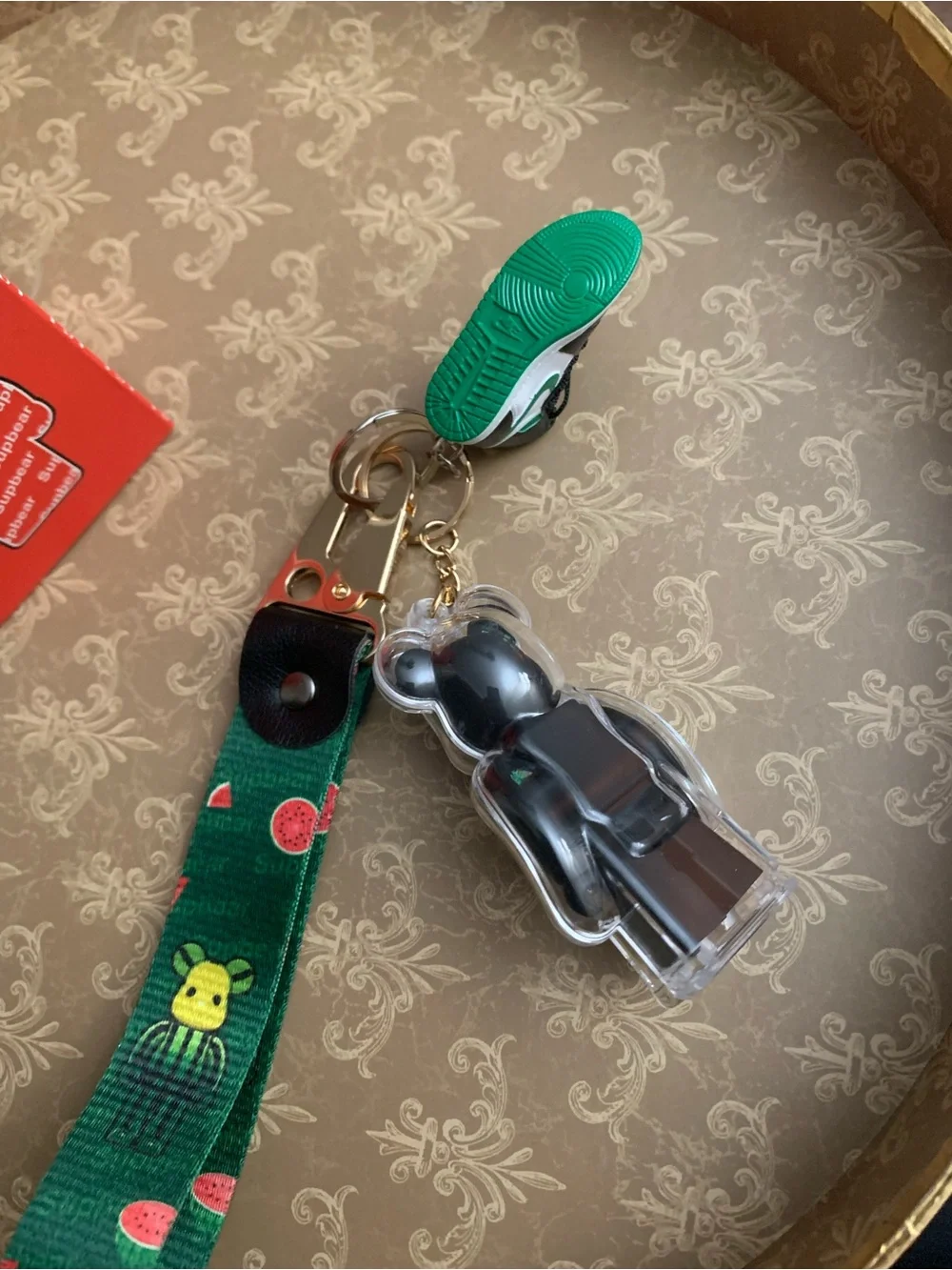 Supbear Keychain Green & Black, R Clear Black Bear & Watermelon Wristlet